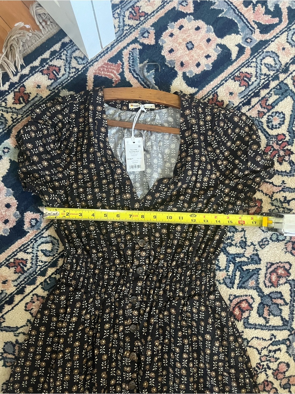 Marine Layer Annika Floral Smocked Waist Midi Dress Black Brown Button Up S NEW - Picture 8 of 9